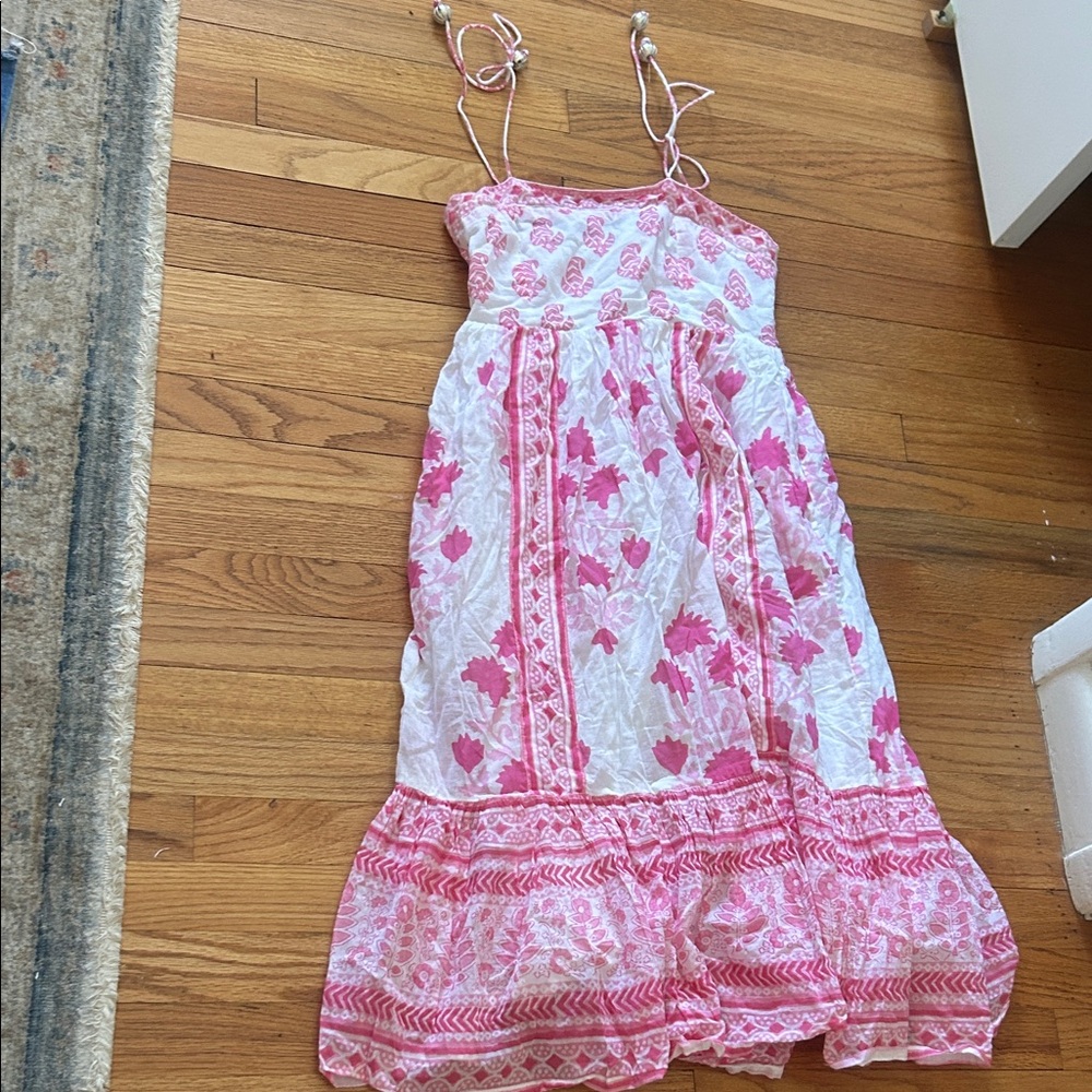 Oliphant White Pink floral Tie strap midi dress sleeveless S NWT Jaipur pink